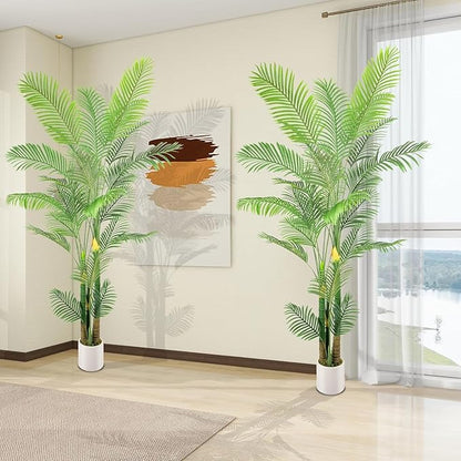 Artificial Fake Palm Tree 9FT 2Pack with White Planter & Free Moss, UV Resistant Artificial Palm Tree for Outdoors, Fake Plants for Poolside Home Room Decor, Faux Plants Outdoor Decor