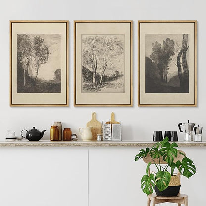 Ashbrook Framed Canvas Print Wall Art Set Fine Art Country Farmhouse Decor Landscapes Duotone Nature Wilderness Illustrations Floral Botanical Calm/Relax/Cozy for Bedroom - 16"x24"x3 NATURAL