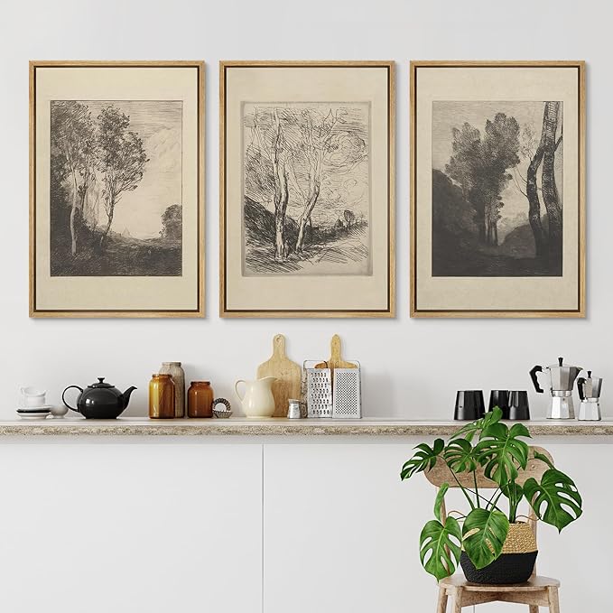 Ashbrook Framed Canvas Print Wall Art Set Fine Art Country Farmhouse Decor Landscapes Duotone Nature Wilderness Illustrations Floral Botanical Calm/Relax/Cozy for Bedroom - 24"x36"x3 NATURAL