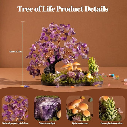 Crystal Tree of Life, Amethyst Healing Crystal Trees for Office, Home Decor, Livingroom and Wall Decor, Handmade Bonsai Trees for Positive Energy, Good Luck Birthday Gifts for Women, Mom