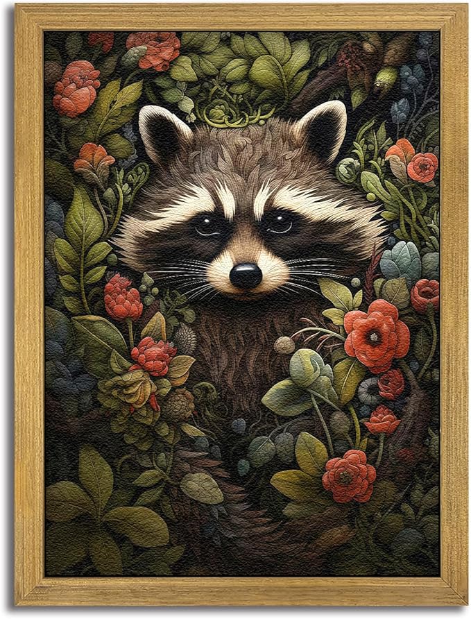 SAMHOU Framed 3D Textured Wall Art, Vintage Hand Drawn Sandstone Raccoon Wall Decor, Dark Academia Animal with Botanical Florals Paintings for Living Room Bedroom Bathroom Home Decor 16x24 inch