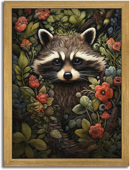 SAMHOU Framed 3D Textured Wall Art, Vintage Hand Drawn Sandstone Raccoon Wall Decor, Dark Academia Animal with Botanical Florals Paintings for Living Room Bedroom Bathroom Home Decor 12x16 inch