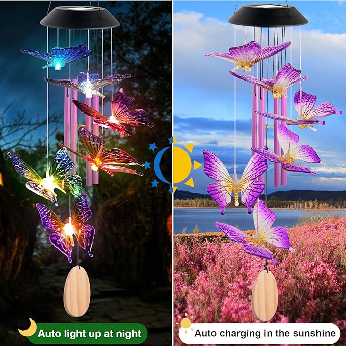 Butterfly Mom Gifts for Mothers Day Grandma Gift, Butterfly Solar Wind Chimes for Outside Solar Lights Outdoor Decor Hanging Mobile for Garden Patio Yard Porch Decoraion Birthday Gifts for Women