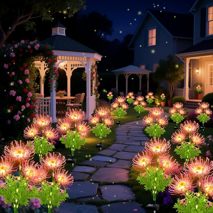 Solar Garden Flower Lights Outdoor,4 Pack 12-Head Pink Spider Lily Waterproof with Glowing Stems,Elegant Yard & Patio Decor,Ideal Valentine's,Thanksgiving & Gardening Gifts for Women,mothers & Grandma