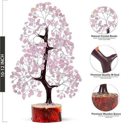 7 Chakra Money Tree Healing Feng Shui Statues & Figurines Reiki Crystal Balancing Buddha Home Décor (Rose Quartz Silver)