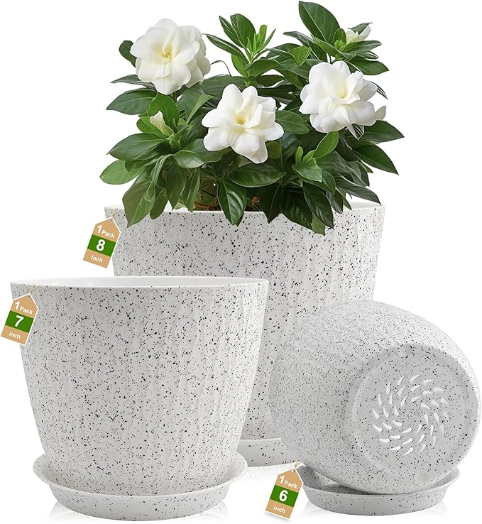 8/7/6 inch Plant Pots, 3 Pack Flower Pots for Outdoor Indoor Garden Plants, Large Planters with Multi Mesh Drainage Holes and Saucer (Speckled White, 8"+7"+6")