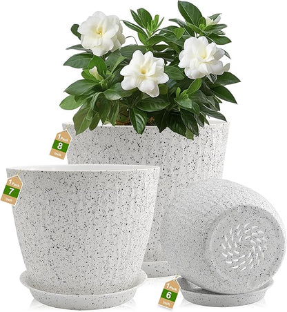 8/7/6 inch Plant Pots, 3 Pack Flower Pots for Outdoor Indoor Garden Plants, Large Planters with Multi Mesh Drainage Holes and Saucer (Speckled White, 8"+7"+6")