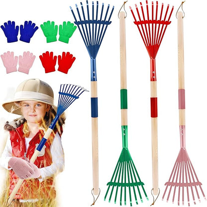 4 Set Kids Leaves Rakes with Hardwood Handle Metal Rakes Child Garden Lawn Rake with 4 Pairs Gloves for Garden Leaves Tools