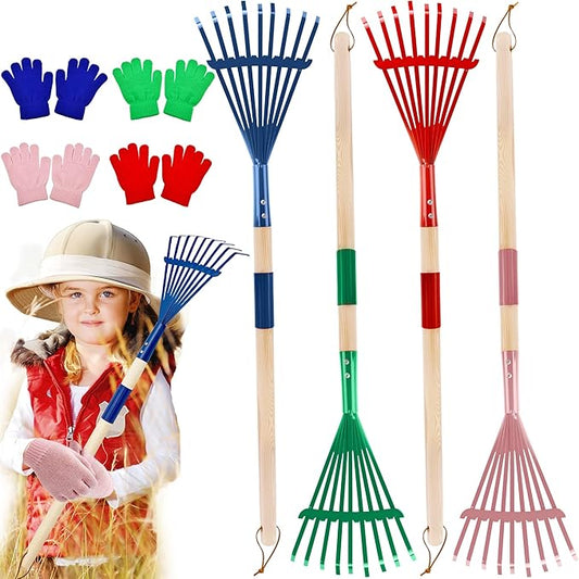 4 Set Kids Leaves Rakes with Hardwood Handle Metal Rakes Child Garden Lawn Rake with 4 Pairs Gloves for Garden Leaves Tools