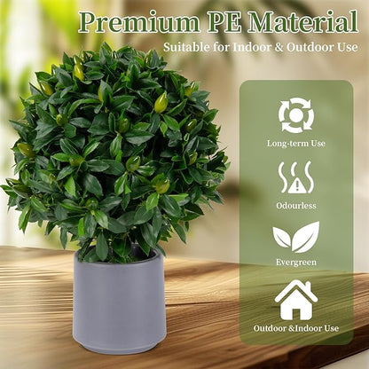 Artificial Topiary Ball Evergreen Set of 2 with Fruits, 23.6'' Boxwood Balls Shrubs with Pot, UV Resistant Outdoors Fake Plant for House Porch Decor, Faux Artificial Plants Bush Indoor & Outdoor