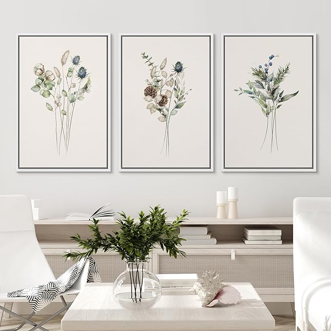 Ashbrook Framed Canvas Print Wall Art Set Wildflower Bouquet Nature Wilderness Illustrations Modern Art Decorative Floral Botanical Minimal Calm/Relax/Cozy for Bedroom - 16"x24"x3 WHITE