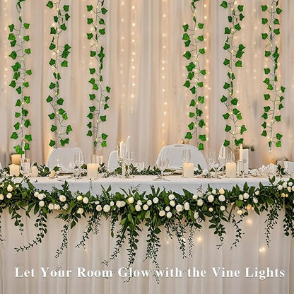 Metaku 33FT 100 LED Vine with Fairy Lights, Battery Operated Ivy String Lights with Remote, Warm White Leaf Lights for Bedroom, Room, Wall, Wedding, Garden, PartyDecor