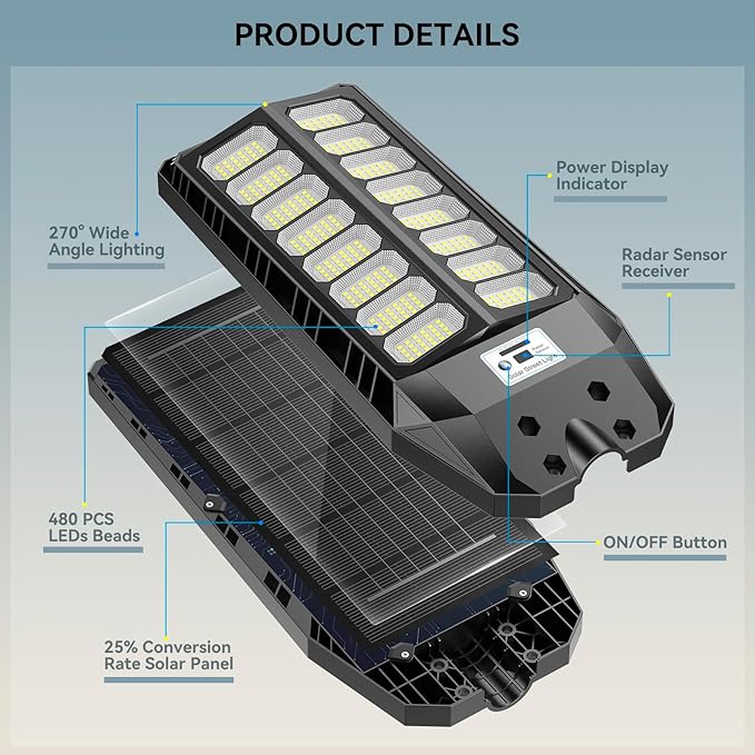 8000W Solar Lights Outdoor, Solar Street Lights Outdoor Waterproof with Motion Sensor and Remote Control, 6500K Dusk to Dawn Security Flood Light for Outside, Yard, Parking Lot, Garden, 1 Pack