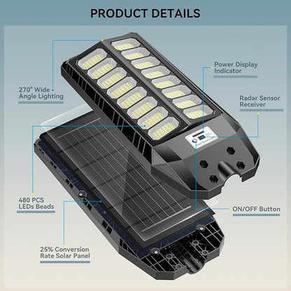 8000W Solar Lights Outdoor, Solar Street Lights Outdoor Waterproof with Motion Sensor and Remote Control, 6500K Dusk to Dawn Security Flood Light for Outside, Yard, Parking Lot, Garden, 1 Pack