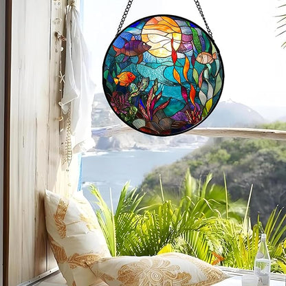 Stained Glass Window Hanging - Blue Ocean World Small Fish Coral Sun Catcher for Door Garden Home Decor Sea Suncatcher Christmas Mother's Day Birthday Gifts for Women Men Mom Nana 9.8 in