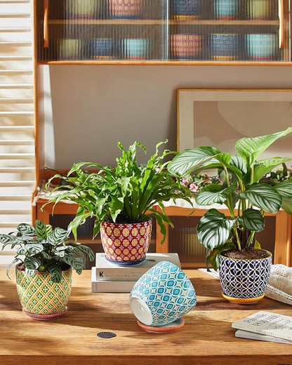 Ceramic Plant Pots, 5.8 Inch Flower Pots for Indoor Plants, Colorful Planters with Drainage Hole & Saucer, Garden Planters for Succulent, Orchid, Cactus, Home Decor, Set of 4