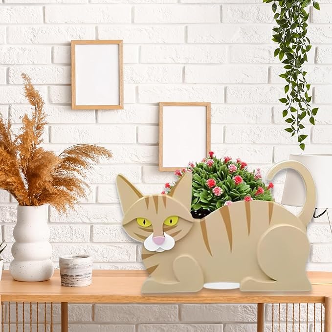 Yellow Cat Planter Plant Pots,Cute Cat Flower Planter,Gifts for Pet Lovers,Unique Animal Plant Pots,Office,Indoor Outdoor Garden Decor(12.5 * 5.6 * 7.8in)