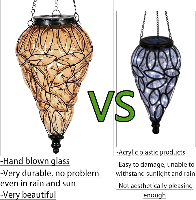 Solar Hanging Lantern Outdoor Garden Lights, Tear-Shaped Glass and Metal Hanging Lantern, 15 Firefly LED Lights, 7 x 24 Inch (Amber)