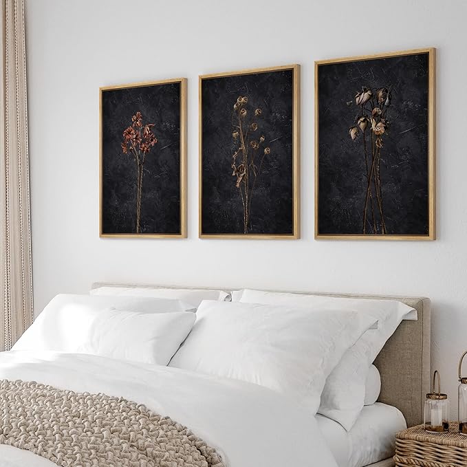 Ashbrook Framed Canvas Print Wall Art Set Dark Moody Wildflowers Nature Wilderness Illustrations Modern Art Decorative Floral Botanical Minimal Calm/Relax/Cozy for Bedroom - 24"x36"x3 Natural