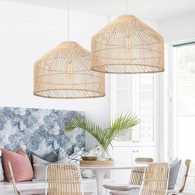 Arturesthome 1 Light Pendant Light Lampshade,Wicker Rattan Hanging Light Fixture Chandelier for Kitchen Island Dining Room Entryway Hallway W 16.5"*H 13"