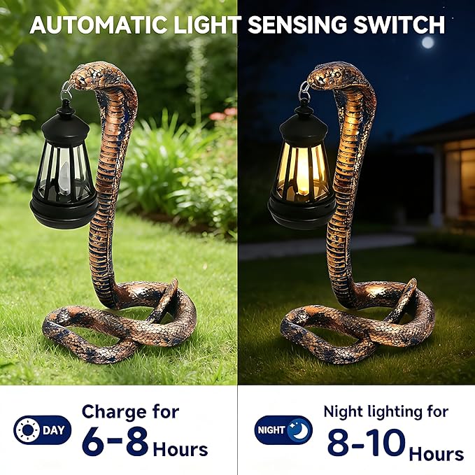 Solar Garden Outdoor Statues Snake with Solar Lights Outdoor Chrismtas Decorations - Lawn Decor Snake Statue for Patio, Balcony, Yard Ornament - Unique Housewarming Gifts（11.22" Brass Color