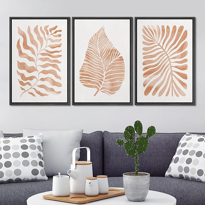 Ashbrook Framed Canvas Print Wall Art Set Orange Tropical Plant Silhouettes Nature Wilderness Illustrations Modern Art Rustic Chic Colorful for Living Room, Bedroom, Office - 16"x24"x3 Black