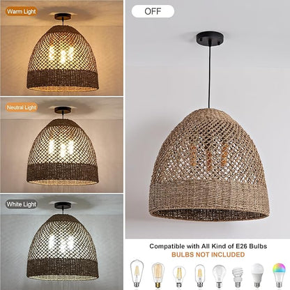 18.9" Costoal Pendant Light Fixture 3-Lights Farmhouse Rattan Chandelier Boho Hand Woven Wicker Hanging Light Fixture for Kitchen Island Living Room Bedroom Dining Room Foyer Restaurant