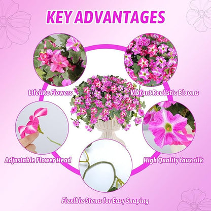 Artificial Fake Flowers for Outdoor Decoration,4 Pcs Faux Petunias Flowers UV Resistant Silk for Porch Yard Garden Home Indoor Decor(Purple Red)