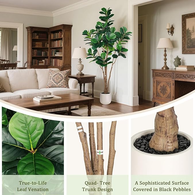 Artificial Fiddle Leaf Fig Tree with Thick Trunk and Emerald Leaves, 7 ft Faux Ficus Lyrata with White Planter & Black Pebble, Fake Ficus Tree for Living Dining Room Bedroom Indoor Decoration