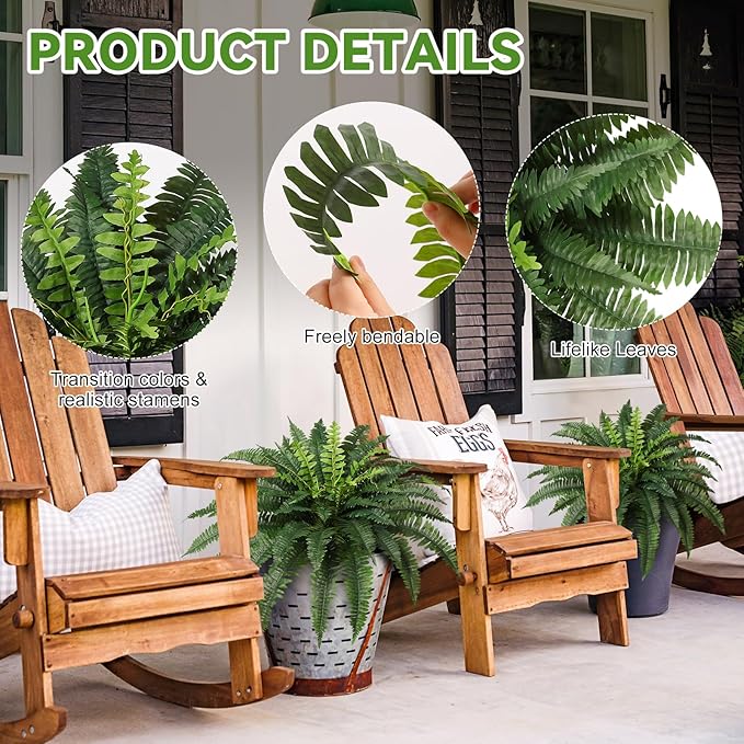 JUSTOYOU 36" Artificial Boston Fern Bush, Artificial Ferns for Outdoors Large Set of 2 with 60 Fronds Faux Ferns UV Resistant Fake Plants for Indoor and Outdoors Home Office Greenery Decor