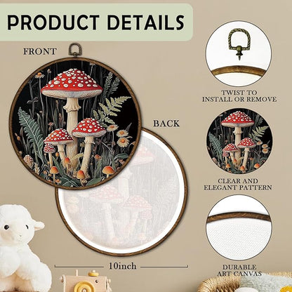 cvjutf Witchy Mushroom Wall Art Decor Framed, Dark Cottagecore Round Wall Decor, Mushroom Bathroom Decor, Farmhouse Fall Mushrooms Botanical Canvas Prints Art for Bedroom Kitchen Living Room, 10x10