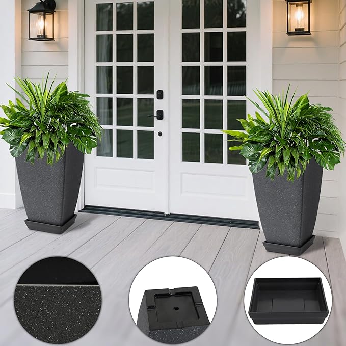 Set of 2 Tall Planter, 21 inch Large Plastic Planter with Drain Hole & Saucers, Large Outdoor Planters for Porch, Garden, Patio, Balcony(Lead Gray)