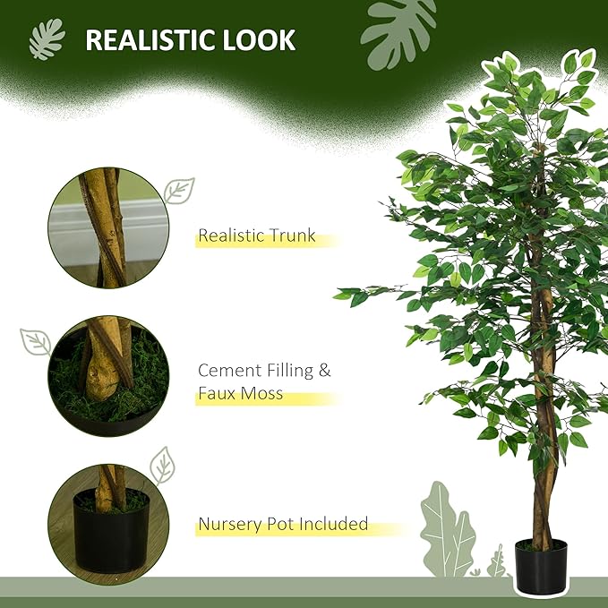 HOMCOM 5ft Artificial Ficus with Pot, Indoor Fake Plant for Home Office Living Room Décor