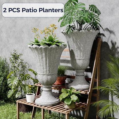 FONTOI 23" Tall Plastic Urn Planter (2-Pack) – Planters for Outdoor Plants with Drainage Holes & Petal Design, Heavy-Duty Classic Indoor Large Flower Pots for Home Garden, Front Porch & Decor, Grey