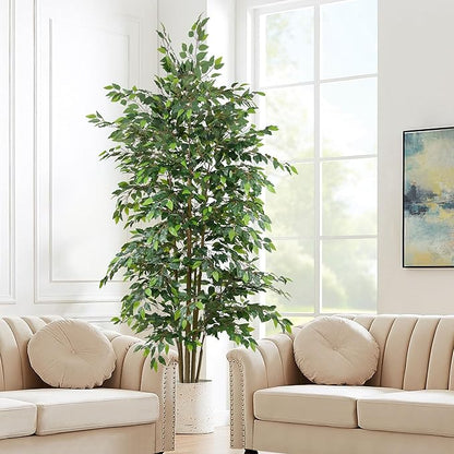 8FT Artificial Ficus Tree - Large Faux Plant Indoor Tree with Dense Leaves and Realistic Trunks,96" Tall Fake Tropical Plant Potted Artificial Floor Plant Trees for Home Living Room Porch Office Decor