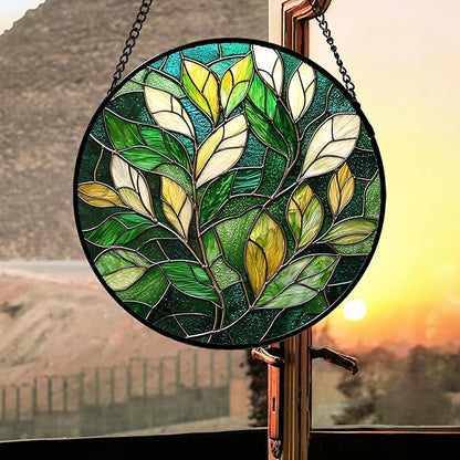 Stained Glass Suncatcher, Green Plant Sun Catcher Yellow White Leaves Stain Glass Window Hanging Decoration Mother's Day Birthday Gifts for Women Men Mom Nana 9.8 in