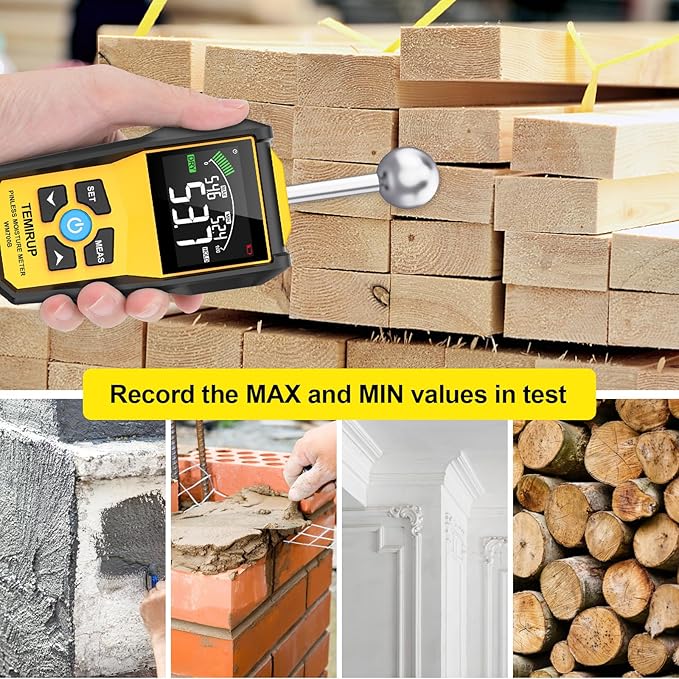 Moisture Meter, TEMIRUP Pinless Moisture Meter –Wood Moisture Detector for Walls, Drywall, Firewood & Concrete, Digital Moisture Tester with 3-Color LCD Display Reader, Audible Alarm & Hold Function