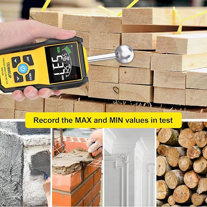 Moisture Meter, TEMIRUP Pinless Moisture Meter –Wood Moisture Detector for Walls, Drywall, Firewood & Concrete, Digital Moisture Tester with 3-Color LCD Display Reader, Audible Alarm & Hold Function