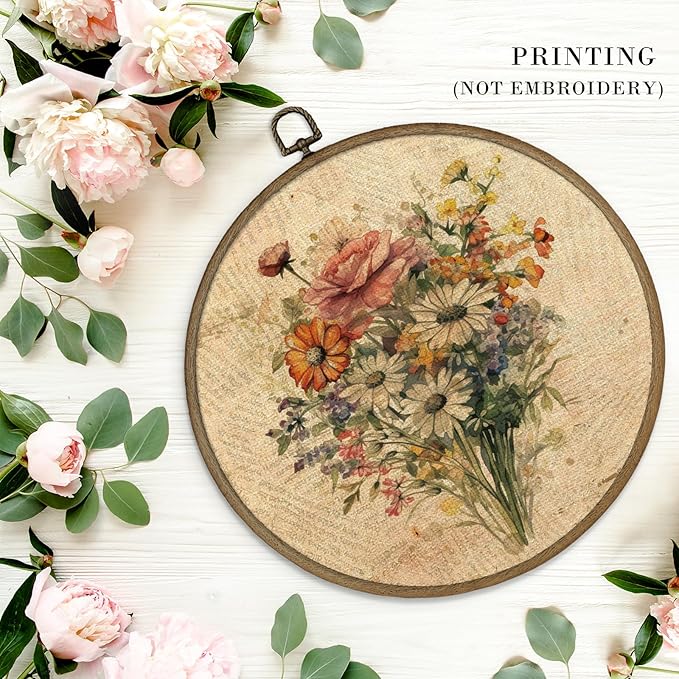 MAQIKA Vintage Floral Framed Wall Art Decor, Botanical Canvas Prints, Farmhouse Flower Round Wall Hanging, Boho Wall Art for Living Room Bedroom Kitchen, 10x10 Inch