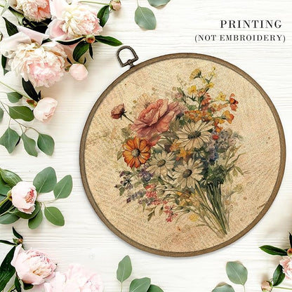 MAQIKA Vintage Floral Framed Wall Art Decor, Botanical Canvas Prints, Farmhouse Flower Round Wall Hanging, Boho Wall Art for Living Room Bedroom Kitchen, 10x10 Inch