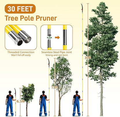 Outvita Manual Pole Saw, 30 Feet Extendable Tree Pruner with Knives and Storage Pocket, Sharp Steel Blade and Scissors High Branches Trimming for Pruning Palms and Shrubs(Yellow)
