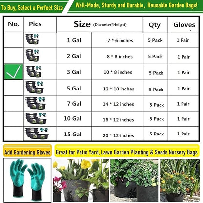 5-Pack 3 Gallon Thickened Plant Grow Bags (10x8 inch) Nursery Bags Fabric Plant Pots for Flower Pot,Herbs Veggies Planter Bag,Garden Pots,Barrel Planters,Garden Bag,Plant Container W/ Gardening Gloves