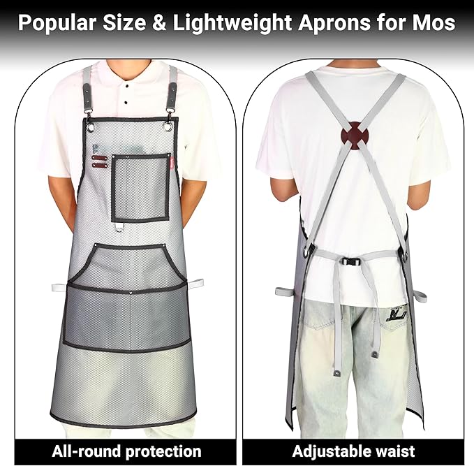 Waterproof Work Apron for Chefs, Hair Stylists, Artists, Gardeners, Adjustable, Multi-Pockets, TPU Mesh Fabric, Plus Size