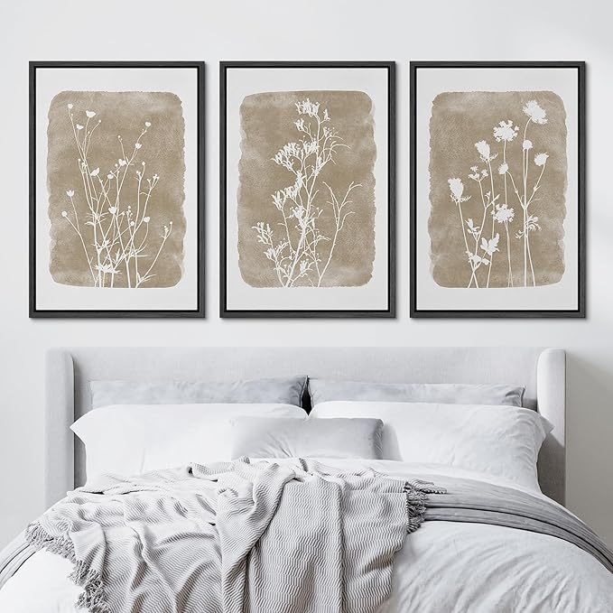 Ashbrook Framed Canvas Print Wall Art Set Vintage Country Farmhouse Flower Silhouette Nature Wilderness Illustrations Floral Botanical Minimal Calm/Relax/Cozy for Bedroom - 16"x24"x3 BLACK