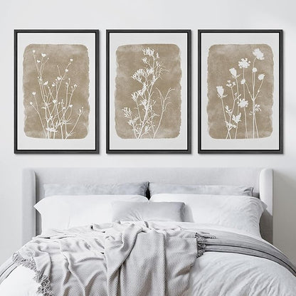 Ashbrook Framed Canvas Print Wall Art Set Vintage Country Farmhouse Flower Silhouette Nature Wilderness Illustrations Floral Botanical Minimal Calm/Relax/Cozy for Bedroom - 16"x24"x3 BLACK