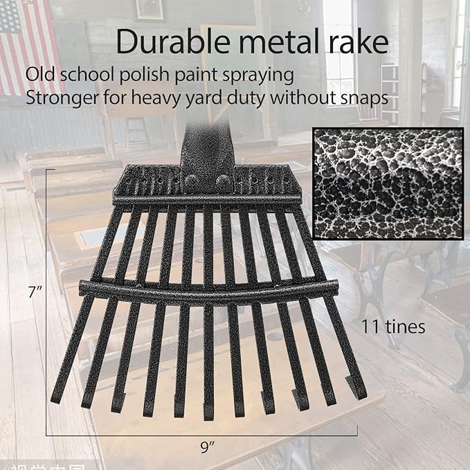Garden Leaf Rake for Lawns Heavy Duty, Adjustable Shrub Iron Thatch Rake Long Handle 30-58", 11 Tines 9" Wide Adult Kids Yard Small Metal Rake for Leaves Gardening Camping Debris Flower Beds