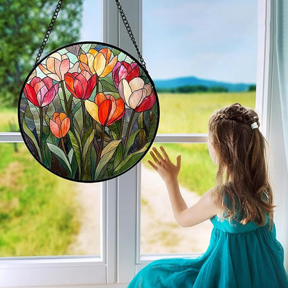 Stained Glass Window Hanging Red and Pink Tulips Large 11.8" - Plant Suncatcher Door Garden Flower Sun Catcher Home Decor Birthday Christmas for Mom Woman Wife Friend Nana