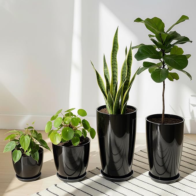 ZMTECH 24/21/12/10" H Large Plastic Planters with Drainage Hole and Saucer -Set of 4 Tall Plant Pots for Indoor & Outdoor Use,Black Glossy Smooth Lightweight Flower Pot for Front Porch Patio Deck