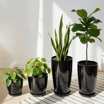 ZMTECH 24/21/12/10" H Large Plastic Planters with Drainage Hole and Saucer -Set of 4 Tall Plant Pots for Indoor & Outdoor Use,Black Glossy Smooth Lightweight Flower Pot for Front Porch Patio Deck
