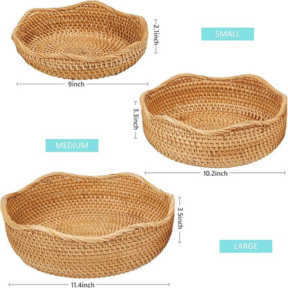 Natural Rattan Round Fruit Basket Bowls, Hand Woven Decor Serving Baskets, Wicker Storage for Dinning Room (Wave-Medium) ＜9''(D) X3.3(H)＞